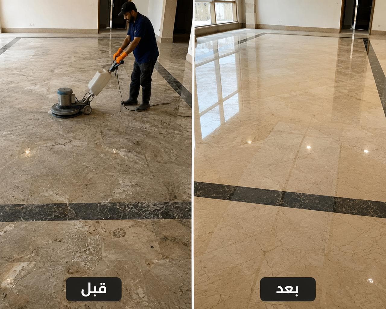 مقارنة قبل وبعد لتلميع أرضية رخام داخلية