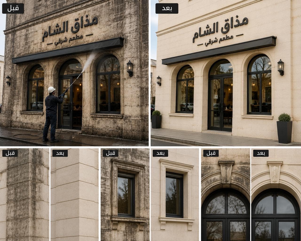 مقارنة قبل وبعد لتنظيف واجهة مطعم حجرية وزجاجية